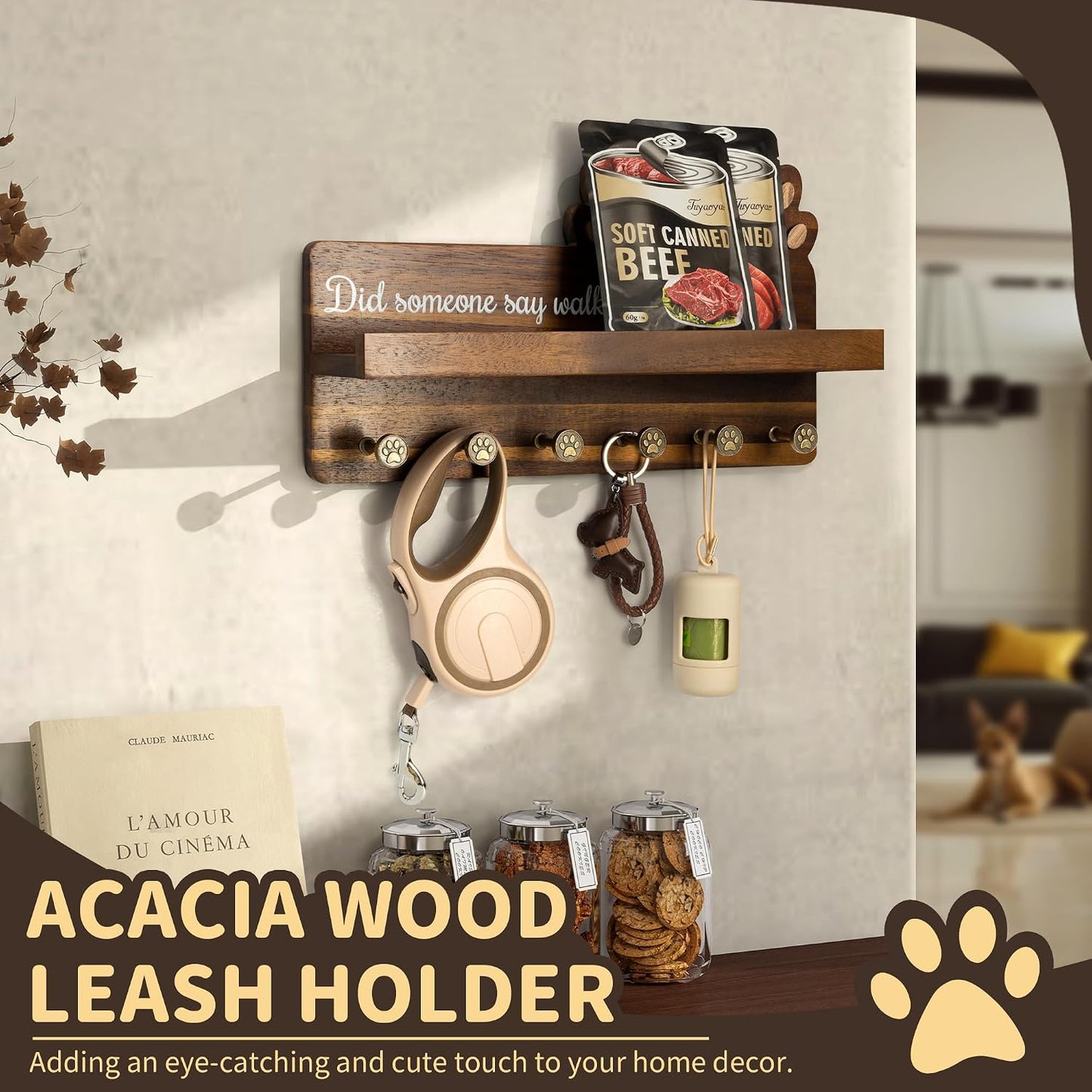 MTERSN Cute Dog Leash Holder for Wall for Pet Station Organizer, Brown