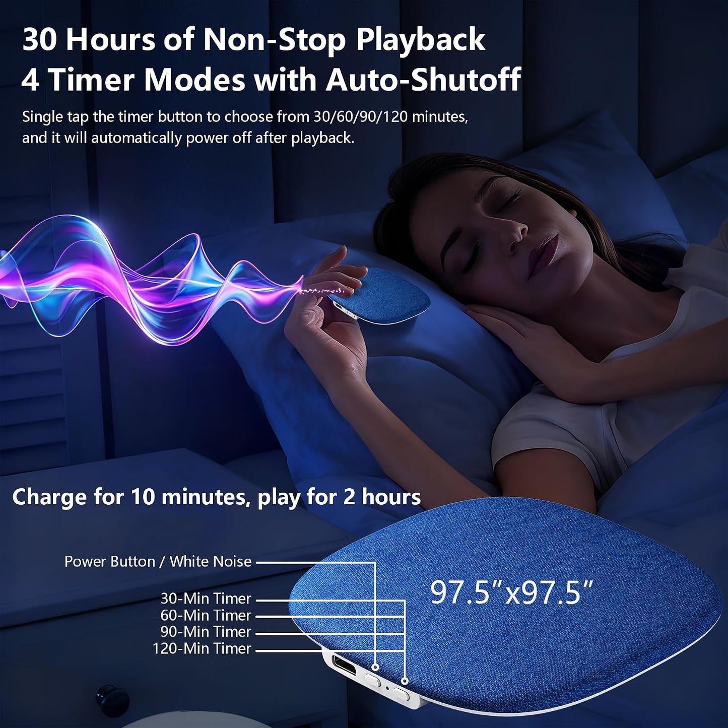 Under Pillow Speaker for Sleeping, APP Smart Control Bluetooth Pillow Speaker with Hundreds of Varieties White Noise, 4-Speed Timer Adjustment, 30 Hours Battery Life for Sleep Aid