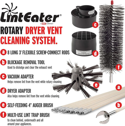 Dryer Vent Duct Cleaning Kit - Gardus RLE202 LintEater Rotary Dryer Vent Cleaner Kit, Removes Lint, Dryer Vent Cleaning System Extends Up to 12’ with 4 Flexible 3' Rods, Air Duct Cleaning Tools