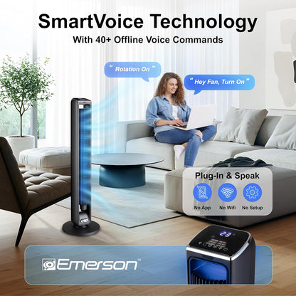 Emerson SmartVoice 40” Tower Fan, Wi-Fi-free Voice Control Fan, Hands-Free Cooling, No WiFi, No App, 70° Oscillation, 3 Speeds, 15-Hr Timer, Sleep Mode & Remote Control
