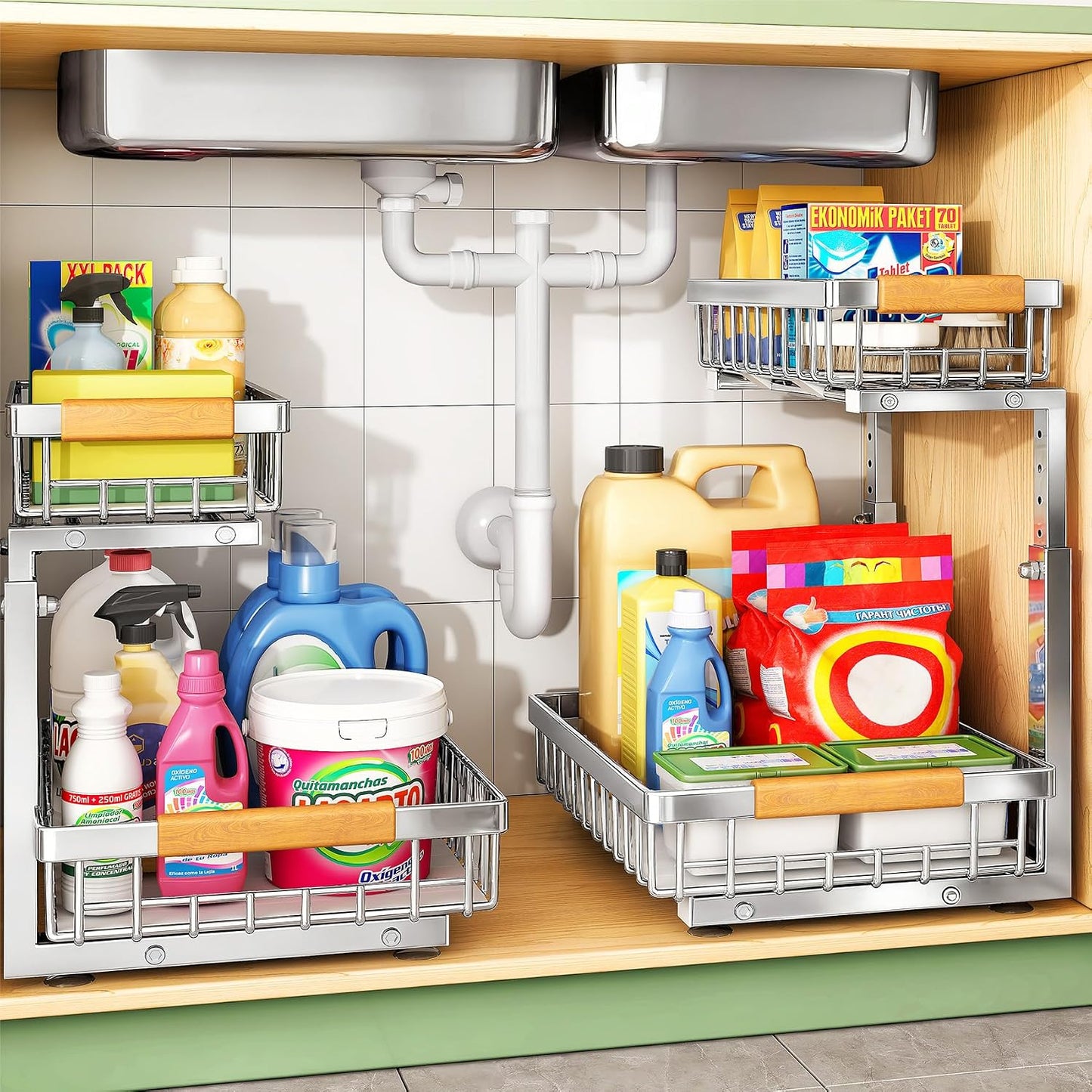 Kitstorack Under Sink Organizer, 2 Tier Under the Sink Storage, Slide out Pull out Cabinet Organizer Shelf, Metal Sliding Drawer for Kitchen Bathroom Pantry Closet Organization Rack, Black, 2 Pack