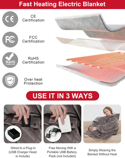 KFUBUO Wearable Heated Blanket Cordless Oversized Hoodie Sweatshirt