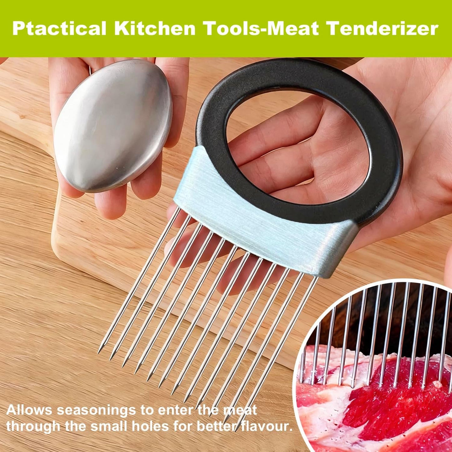 Onion Holder for Slicing, Onion Cutter with Stainless Steel soap Tomato Potato Slicer, Meat Tenderizer Tool, Convenient Grip Food Slicer Assistant, Food Slice Guide for Vegetable Fruit