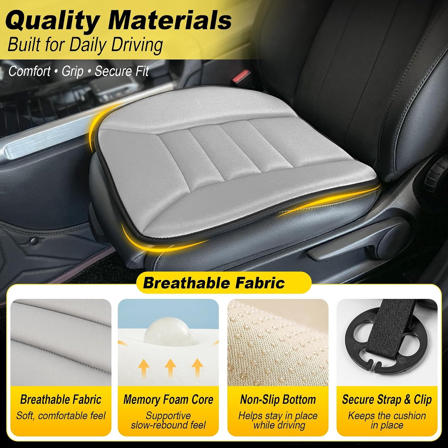 kingphenix Memory Foam Car Seat Cushion for Driver and Office Chair Comfort | 1.2-Inch-Thick Memory Foam Seat Pad, Soft, Breathable Fabric, Non-Slip Silicone Bottom for Long Drives and Office Use, Black