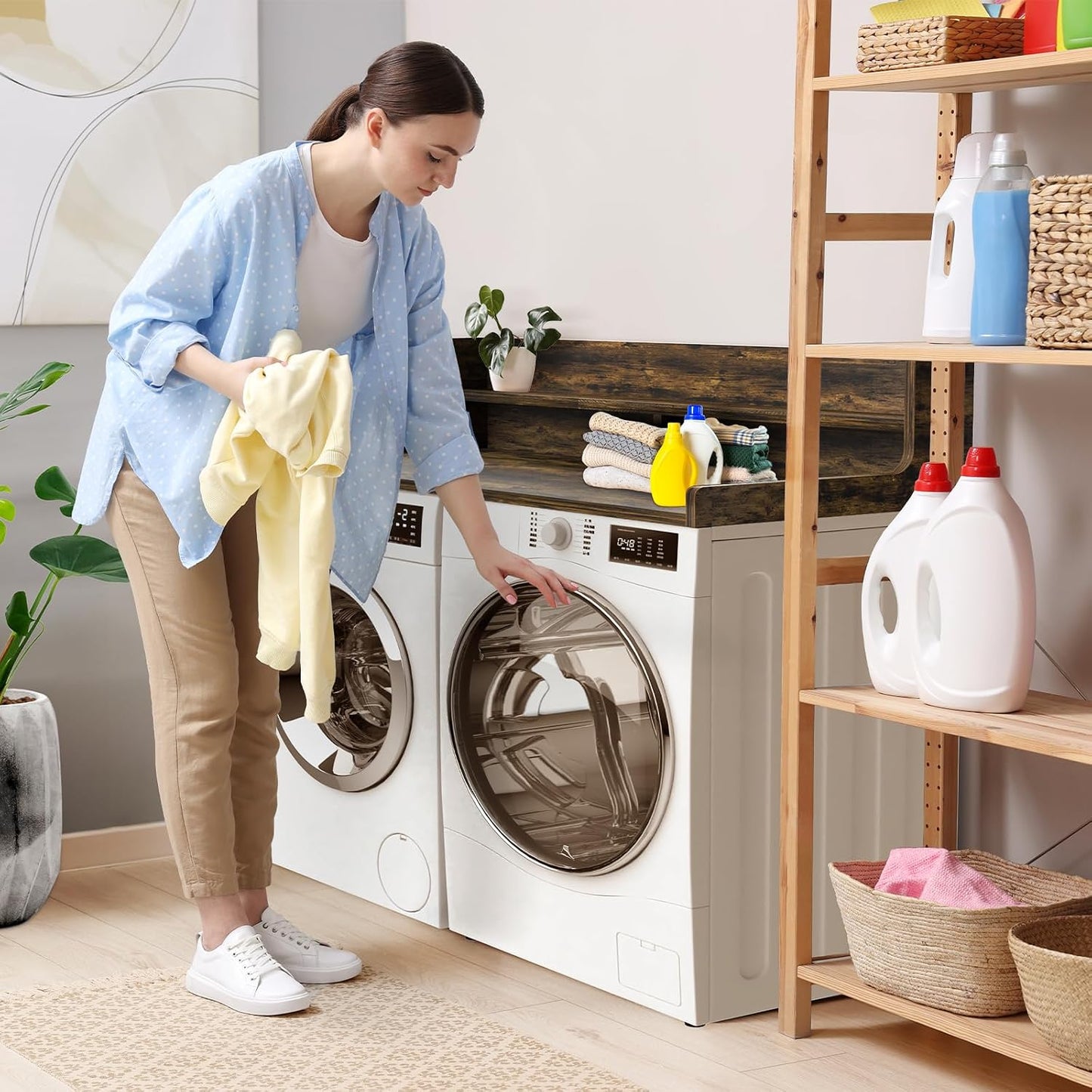 Washer Dryer Countertop, 54" x 27.55" 2-Tier Washer Dryer Topper with Edge, for Laundry Room Organization Oak