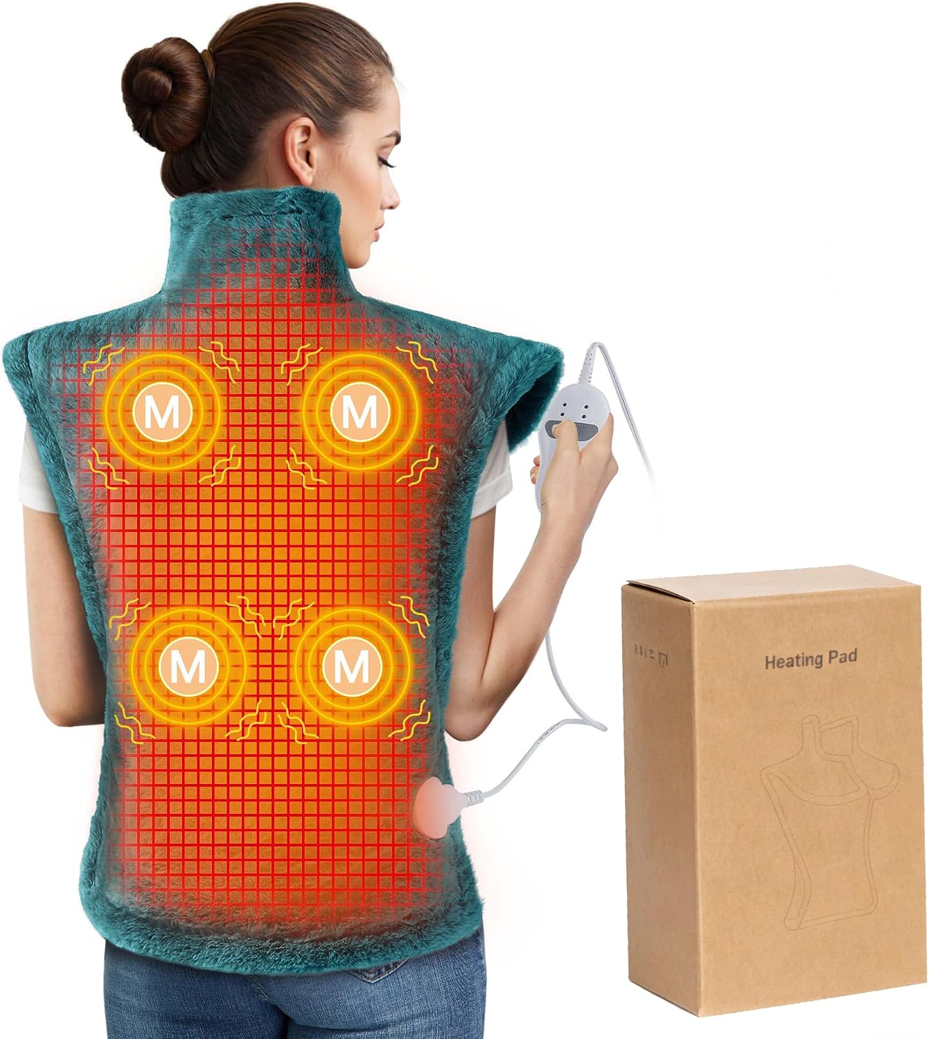 Massaging Heating Pad for Back, Neck and Shoulder Massager | 2 Heat Levels, 4 Massage Settings, 4 Massage Motors, Auto Shut-Off, Gifts for Mother, Blue
