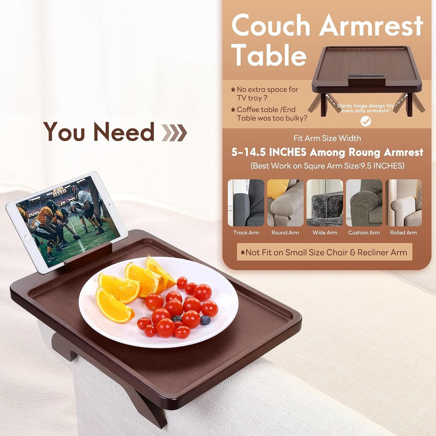 Couch Arm Tray,Bamboo Sofa Clip on Side Table,Foldable Couch Armrest Table with 360°Rotating Phone Holder,Anti Slip Food Trays for Eating/Drinks/Snacks/Remotes 15.35" x 9.85"