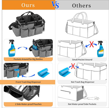 LoDrid Wearable Cleaning Caddy Bag with 4 Foldable Dividers, Black | Cleaning Supply Organizer with Shoulder Strap and Side Handles for Cleaners & Housekeepers