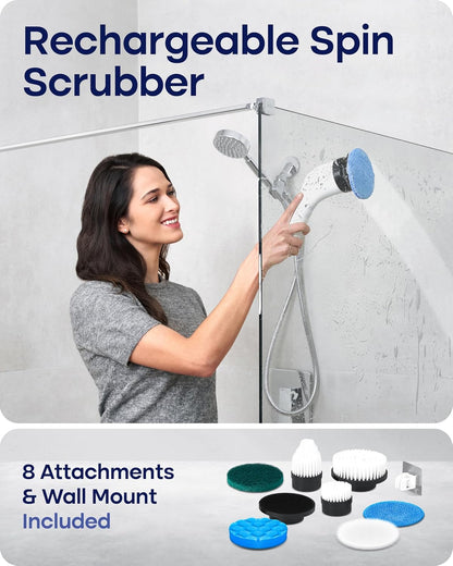 PUNOMO Electric Spin Scrubber for Bathroom & Shower, Power Cleaning Brush | Cordless, IPX7 Waterproof. 2 Speeds & 90-Min Battery, 8 Heads. Extendable Handle Saves Your Back For Tub & Tile Deep Cleaning