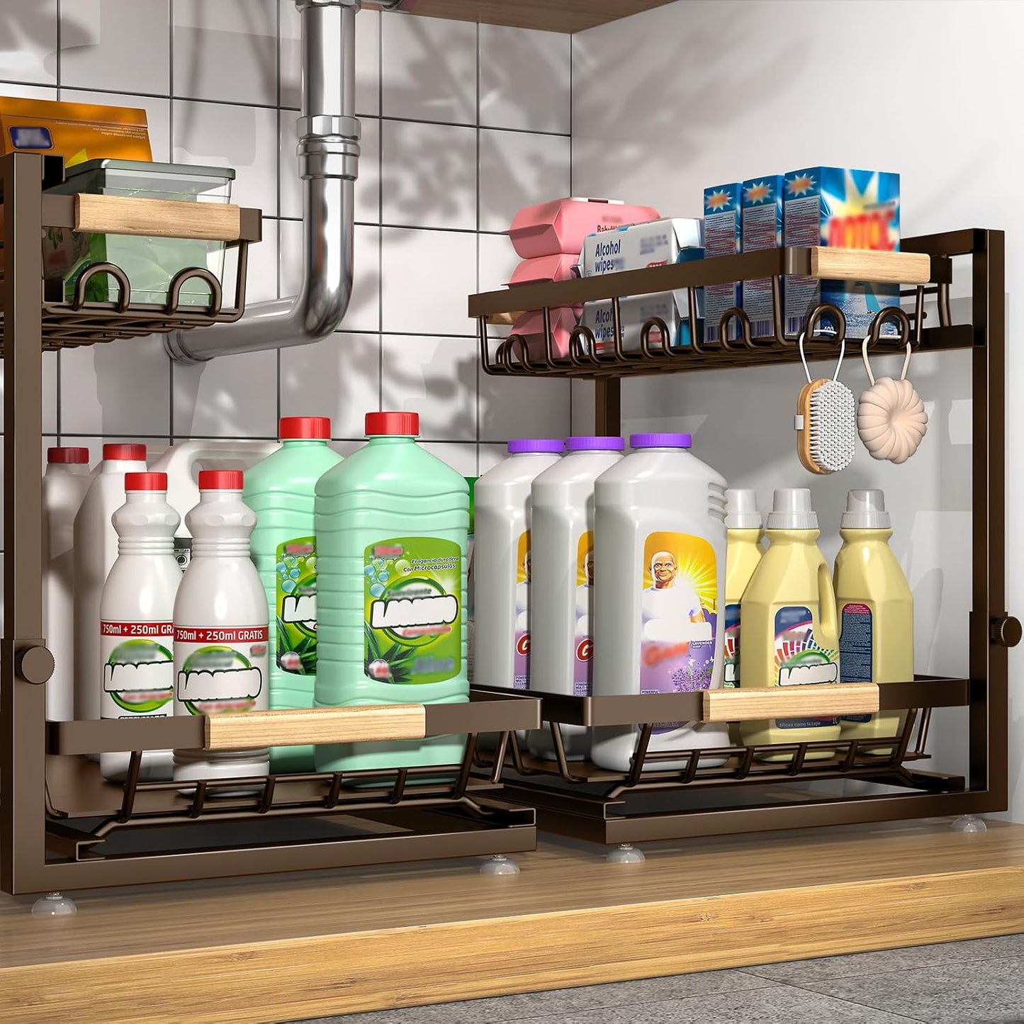 2-Pack 2-Tier Height Adjustable Under Sink Organizer & Storage | Multi-purpose storage for kitchen & bathroom cabinet. Large black shelf, height adjustable design for space-saving.