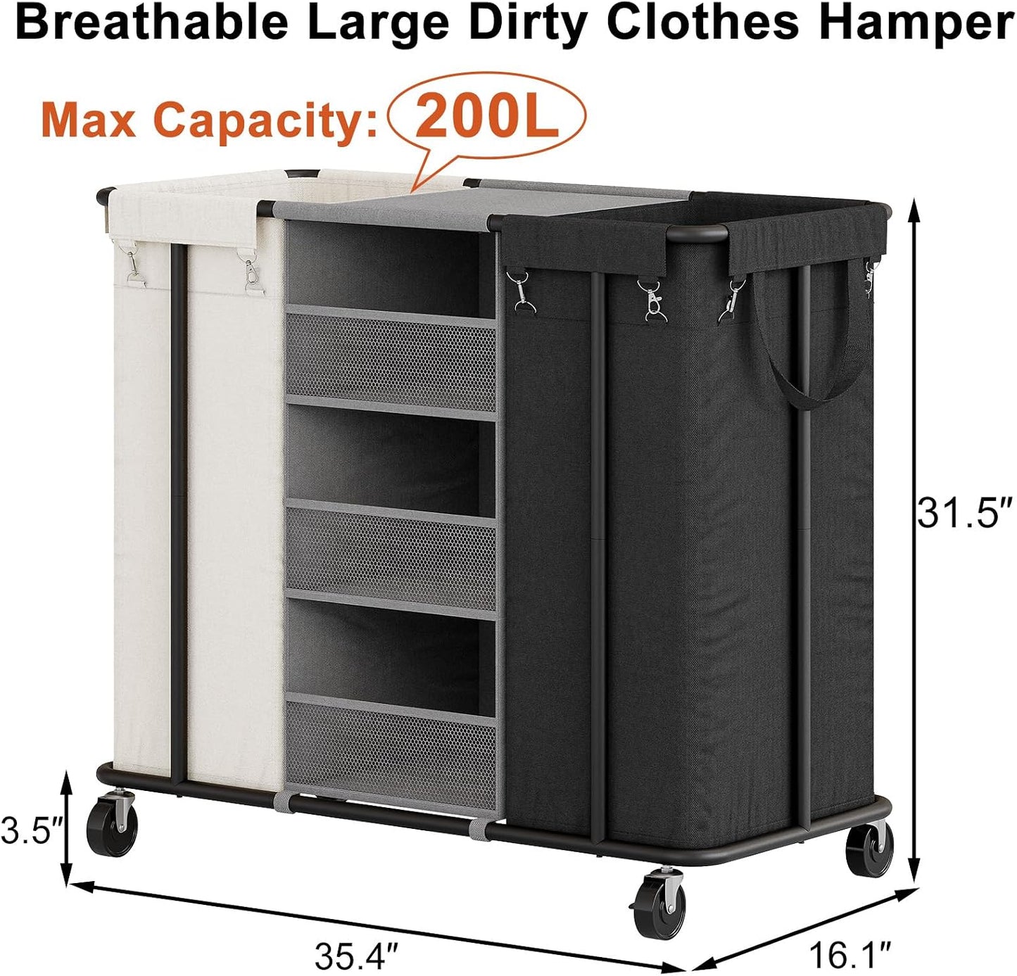 WOWLIVE Laundry Sorter 2 Section, 200L Rolling Laundry Hamper with Wheels | Laundry Cart with Steel Frame, Laundry Basket with Hanging and Removable Bag, Storage Unit Basket Organizer for Dorm, Beige