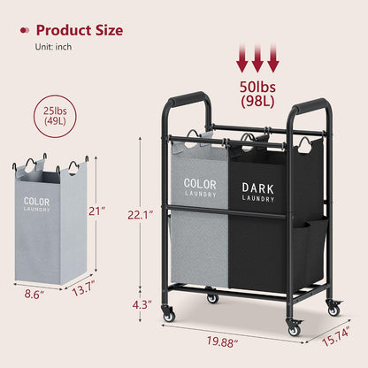 2 Bag Laundry Sorter Cart, Black & Grey | 50lbs Large Capacity, Removable Laundry Bags, Heavy Duty Lockable Rolling Wheels, Laundry Hamper Basket for Clothes Storage