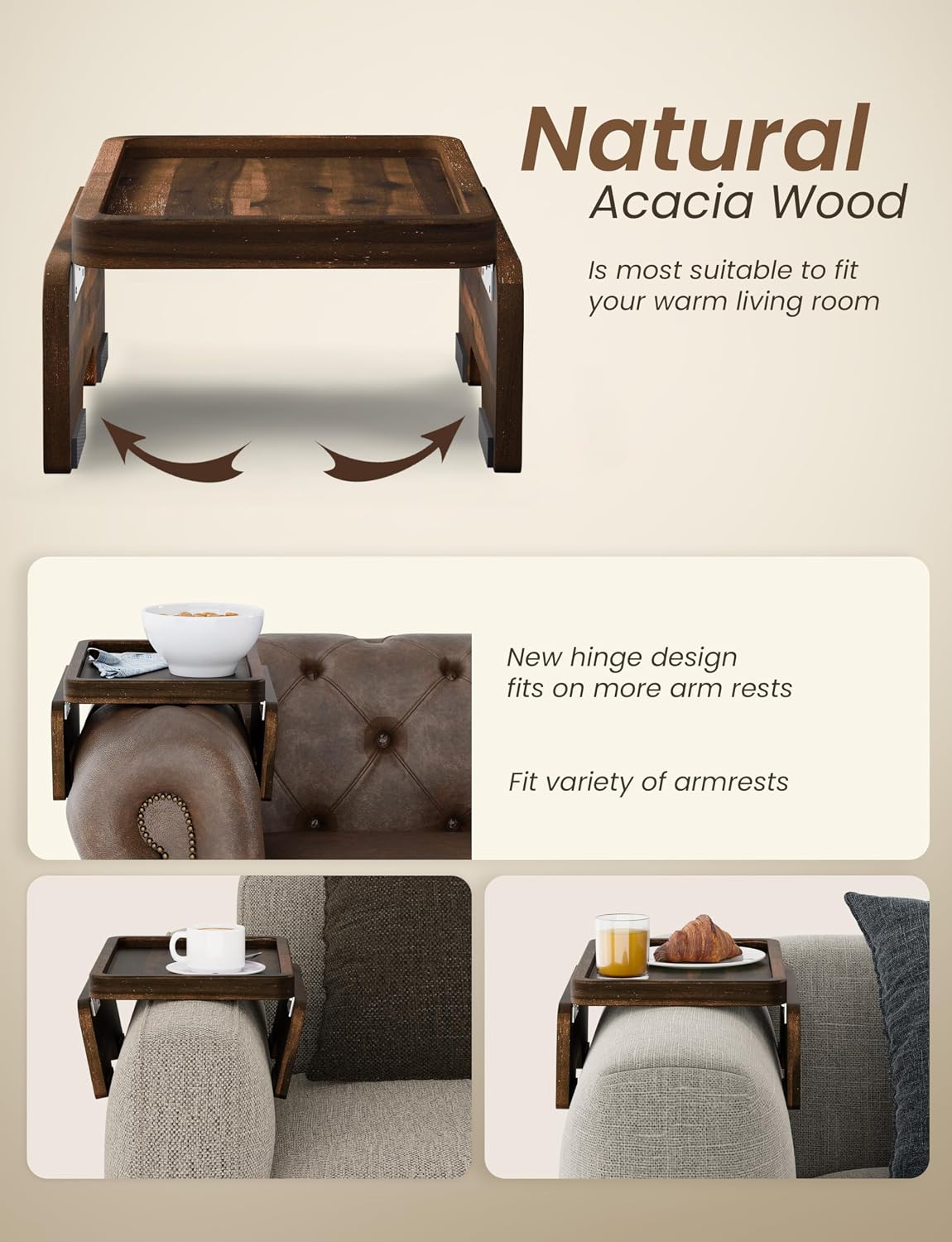 HOLANA 13.75" Acacia Sofa Arm Tray Table, Double Hinge, Natural Wood Color | Solid Acacia Wood, Spacious Surface, Clips Securely with Double-hinge Grip, Foldable & Portable, Multipurpose, No Assembly