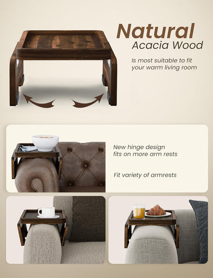 HOLANA 13.75" Acacia Sofa Arm Tray Table, Double Hinge, Natural Wood Color | Solid Acacia Wood, Spacious Surface, Clips Securely with Double-hinge Grip, Foldable & Portable, Multipurpose, No Assembly