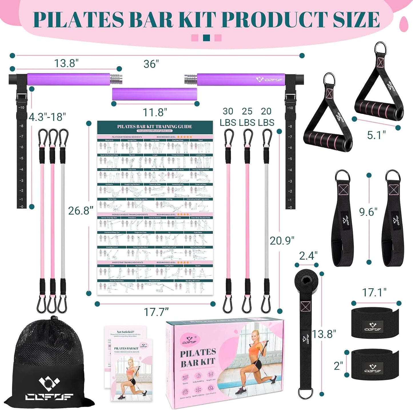Pilates Bar Kit with Resistance Bands, Multifunctional Yoga Pilates Kit | Heavy-Duty Metal Adjustment Buckle, Portable Home Gym Pilates Resistance Bar Kit for Women Full Body Workouts