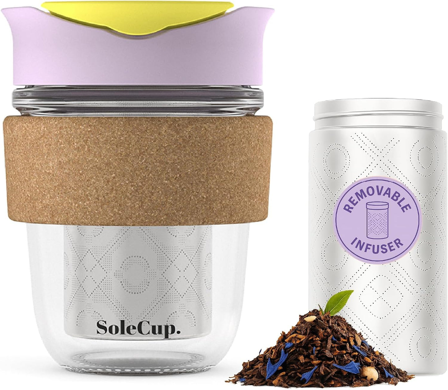 Large Travel Mug Loose Tea Infuser - Detachable Tea Strainer with Spill Proof Lid - 18oz/530ml BPA-Free Reusable Glass Travel Coffee Cup with Cork Band (Pink, 18oz)