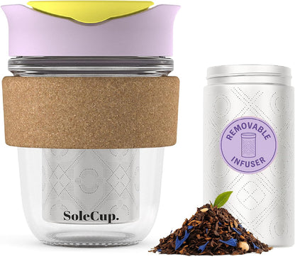 Large Travel Mug Loose Tea Infuser - Detachable Tea Strainer with Spill Proof Lid - 18oz/530ml BPA-Free Reusable Glass Travel Coffee Cup with Cork Band (Pink, 18oz)