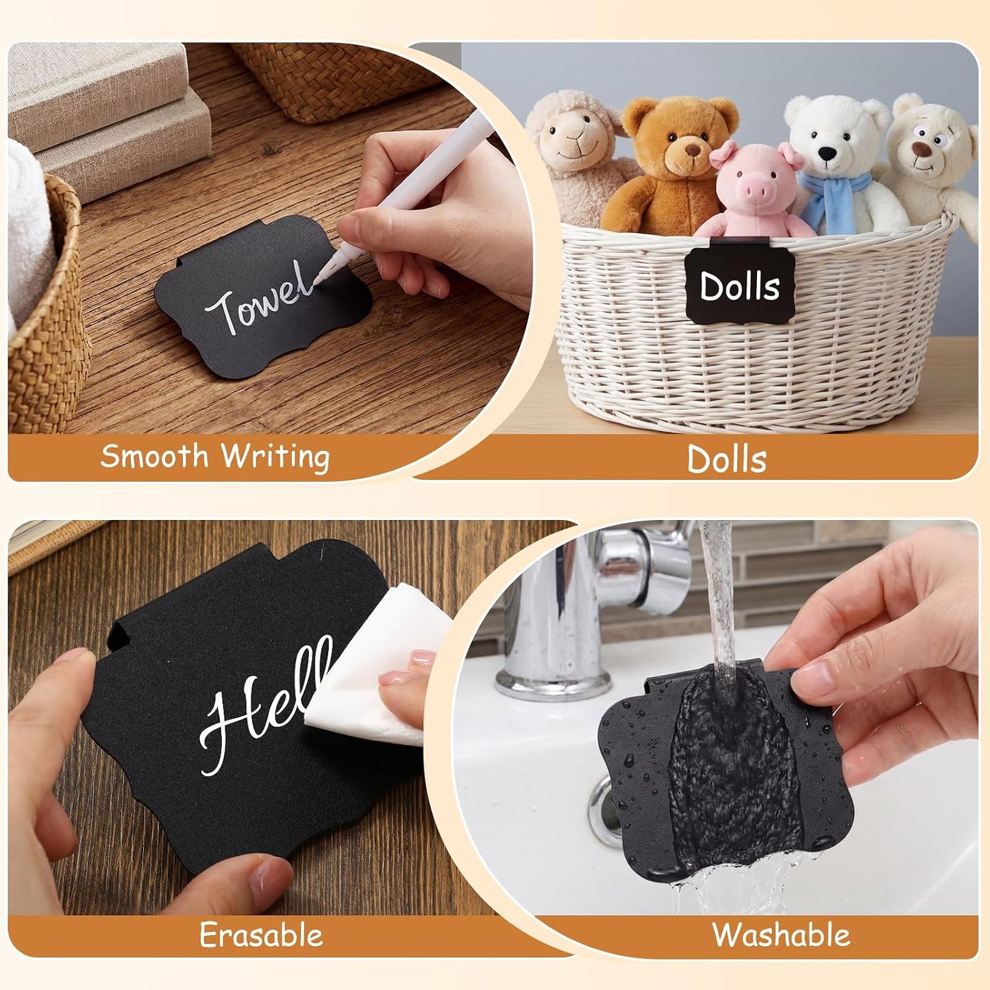 50 Pcs Black Basket Labels Clip on for Storage Bins, Removable PVC Bin Clip Labels with 4 Chalk Markers for Basket Pantry Cubes Organization Container