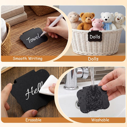 50 Pcs Black Basket Labels Clip on for Storage Bins, Removable PVC Bin Clip Labels with 4 Chalk Markers for Basket Pantry Cubes Organization Container