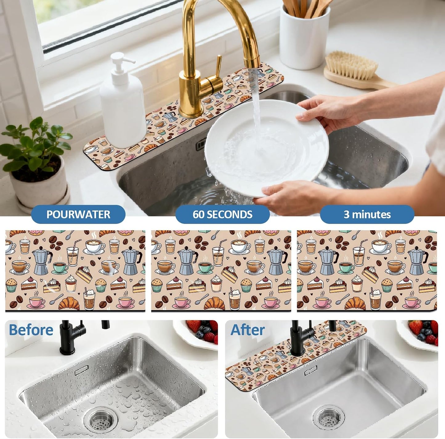 2 Pcs Kitchen Sink Splash Guard Faucet Mat Wood Grain Pattern Faucet Mat for Sinks Natural Wood Color Absorbing Drying Mats for Kitchen Bathroom, 23.6x5.5inch