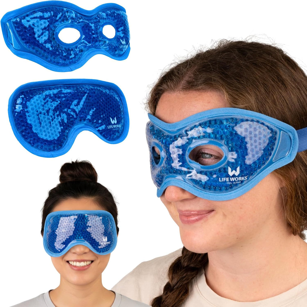 LIFE WORKS Gel Eye Mask with Cutout, Reusable, Hot or Cold, Blue