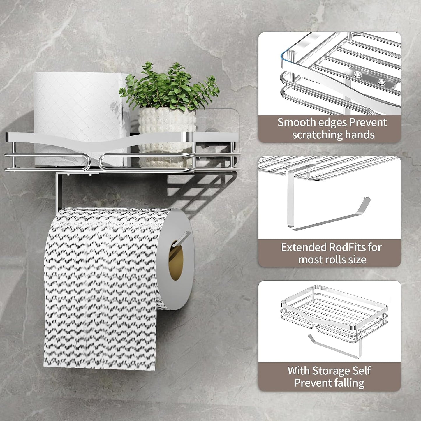 YIGII Toilet Paper Holder with Shelf, Adhesive or Drilling Toilet Paper Roll Holder for Bathroom, Rustproof Tissue Roll Holder Wall Mounted for Wipe Storage (Silver)