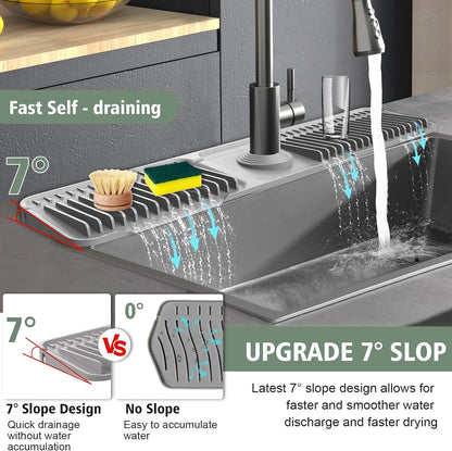 17.7-Inch Kitchen Sink Splash Guard Mat | 7° Slope for Fast Self-Draining | Snap-Lock Design | Universal & Cuttable Silicone Faucet Mat Gray