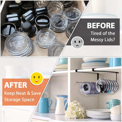 Tumbler Lid Organizer, Versatile Tumbler Lid Storage Holds 10 Lids, Black | Space Saving Cup Lid Organizers Inside Cabinet Tumbler Lid Hook for Kitchen Organizer and Storage, Paper Towel Rack Hanger