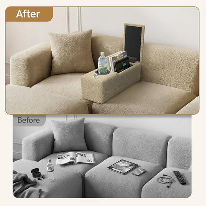 Couch Caddy with Cup Holder, 20.3 Inch White Armrest Console | Removable Sofa Armrest Organizer with Charging and Phone Holder, Storage for Remotes, Snacks and Everyday Essentials