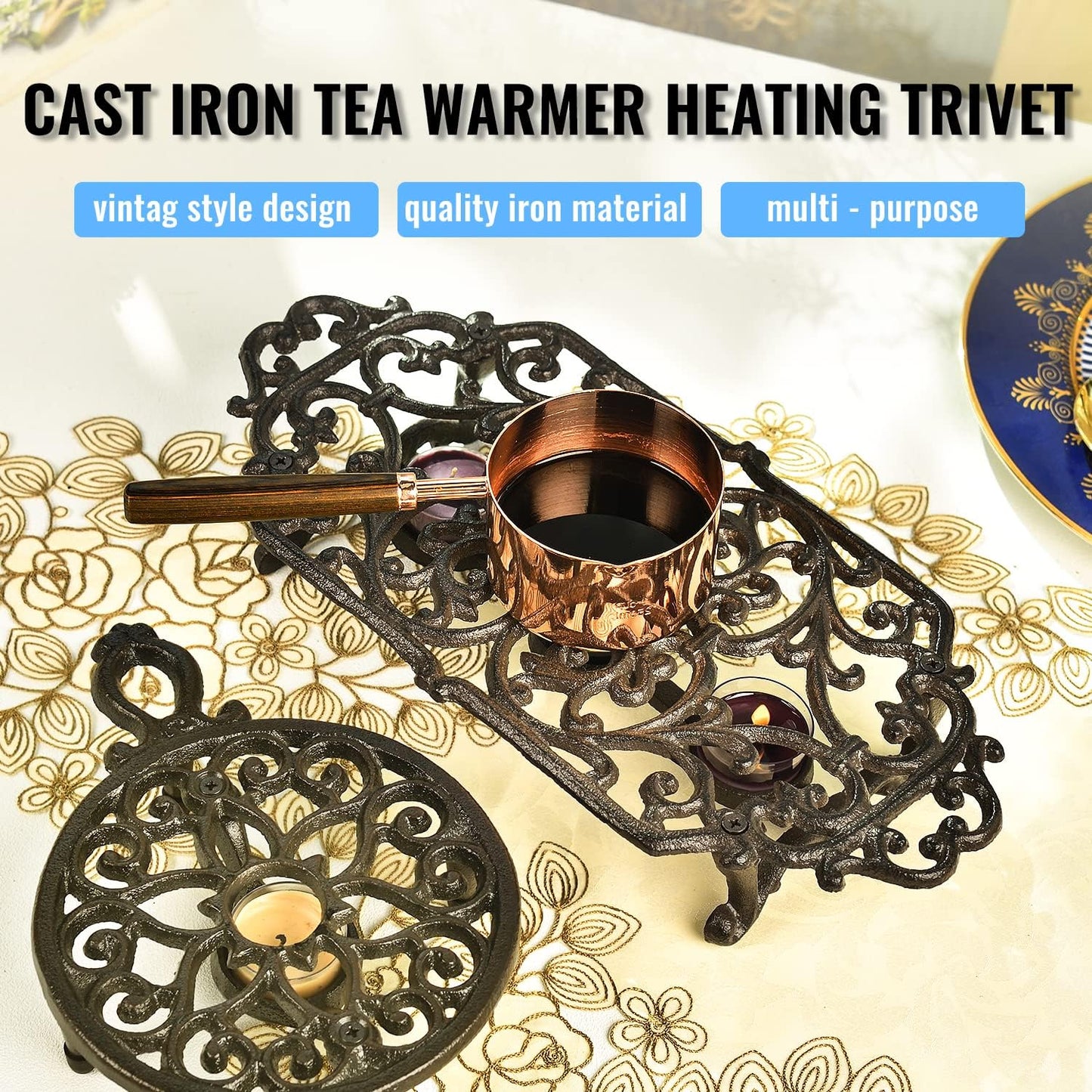 Sungmor Cast Iron Teapot Warmer - Rustic Design with Tealight Holder | Heavy Duty & Decorative Candle Holder Stands for Heat Food Coffee Milk or Tea