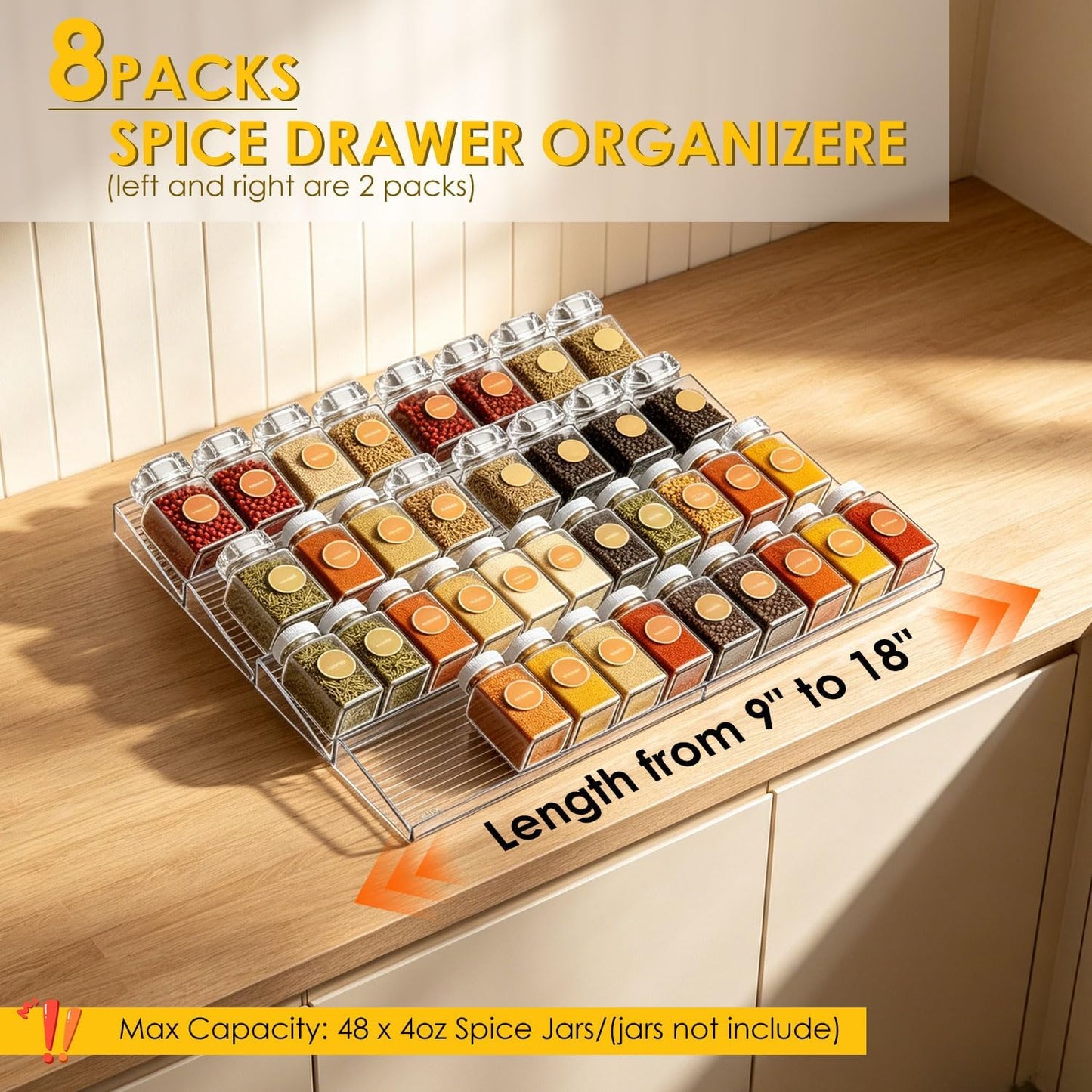 4 Pack Spice Drawer Organizer, Acrylic Spice Rack Expandable From 9" to 18", Clear Seasoning Organizer Tray for Kitchen Holds up to 24 Jars (Jars Not Included)