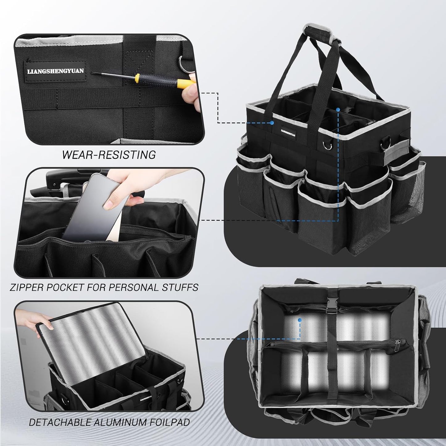 Large Rolling Cleaning Caddy Bag, Cleaning Caddy with Wheels with Detachable Trolley for Housekeepers, Water Resistant Cleaner Supplies Organizer with Wheels for Kitchen, Car, Picnic (Black-Grey)