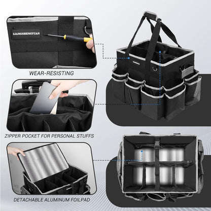 Large Rolling Cleaning Caddy Bag, Cleaning Caddy with Wheels with Detachable Trolley for Housekeepers, Water Resistant Cleaner Supplies Organizer with Wheels for Kitchen, Car, Picnic (Black-Grey)