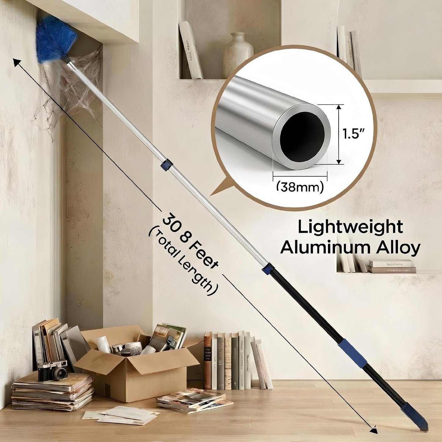 20ft High Ceiling Duster Kits with 5-12ft Heavy Duty Extension Pole - Fan Blade Cleaner, Cobweb Remover & Blue Window Squeegee Kit, Washable Dust Brush for High Roof and Glass Surfaces