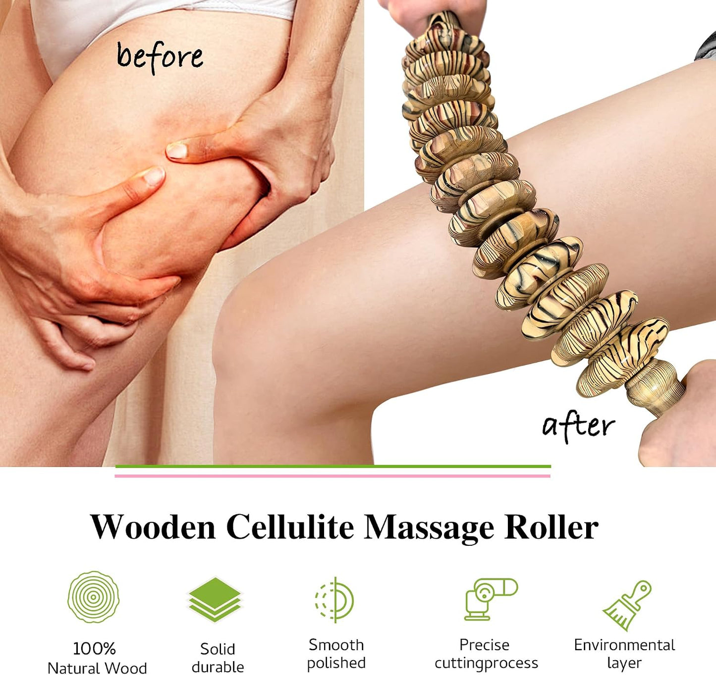 Manual Wood Therapy Massage Stick, Wooden Cellulite Muscle Roller for Legs | Body Sculpting, Lymphatic Drainage Massager, Wooden Massage Tools for Trigger Points Relief, Sore Muscle Recovery
