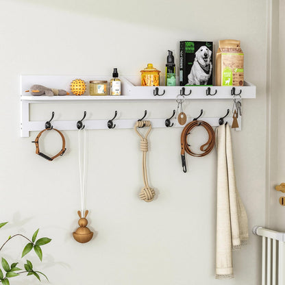 AMBIRD Wall Hooks with Shelf, 26.57 Inch Entryway Wood Coat Hooks for Wall with Shelf, Coat Rack Wall Mount with 5 Dual Hooks 3 Key Hooks Mail Organizer and Key Rack Holder (Brown)