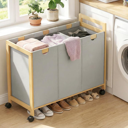 250L Laundry Sorter with Wheels, 3-Section Laundry Hamper, Black | 66 Gal Large Laundry Cart with Removable Bags, Rolling Laundry Basket, Water-Resistant, Bamboo Frame, Laundry Room Organizer