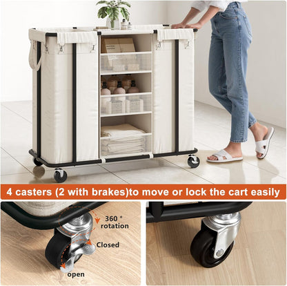 WOWLIVE Laundry Sorter 2 Section, 200L Rolling Laundry Hamper with Wheels | Laundry Cart with Steel Frame, Laundry Basket with Hanging and Removable Bag, Storage Unit Basket Organizer for Dorm, Beige