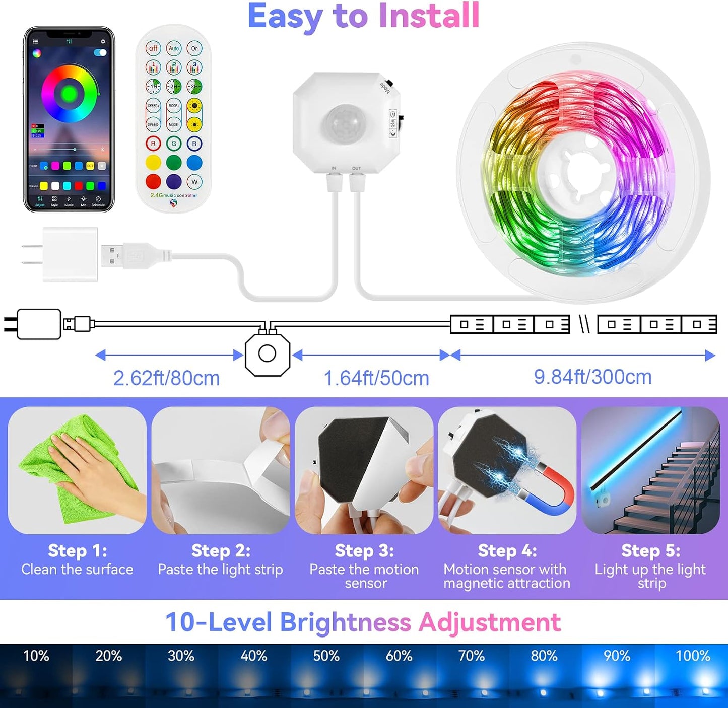 9.8Ft RGB LED Strip Lights, Motion Sensor Under Bed Lights, Indoor Usage, USB Powered, 3 Modes, App Control, RF Remote, SMD5050, for Bedroom, Kitchen, Stairs | Color Changing Motion Activated LED Strip Night Lighting,Music sync,Auto on/Off,USB Powered