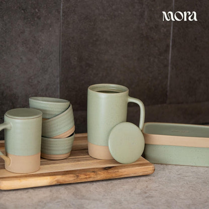Mora Ceramics Large Tea Mug with Loose Leaf Infuser and Ceramic Lid, 18 oz, Portable, Microwave and Dishwasher Safe, Tall Coffee Cup - Rustic Matte Ceramic Glaze, Modern Herbal Tea Strainer, Olive