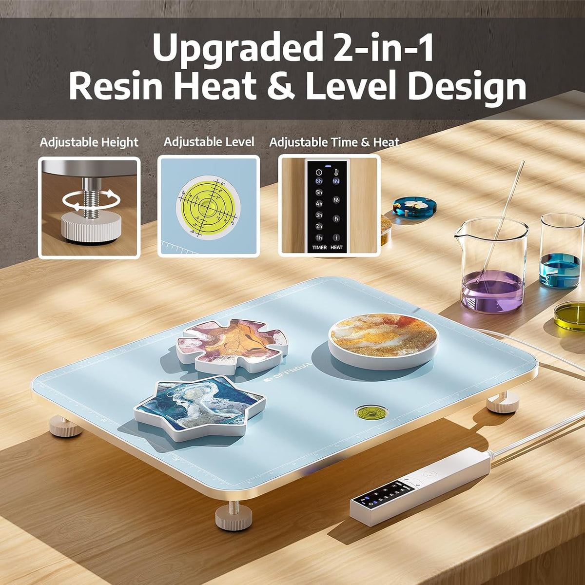 OFFNOVA Resin Heating Mat & Leveling Table, 2-in-1 Resin Tools for Epoxy Resin, Resin Curing Machine for Resin Molds, Undeformed Resin Dryer with Smart Timer & Temperature Control, Silicone Mat