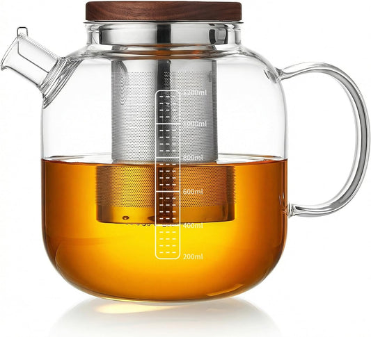 MESNEY Glass Teapot with Infuser for Loose Leaf Tea 40oz, Stovetop Safe