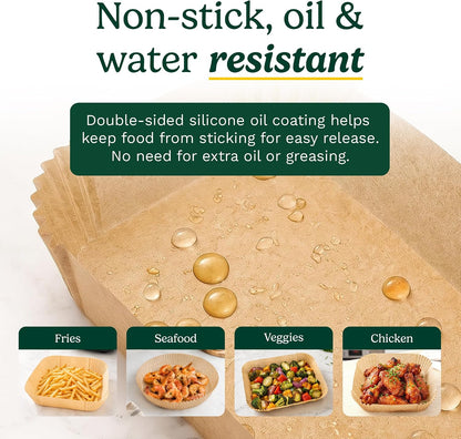 Cuisinart Air Fryer Liners Disposable, 150 Pack, 7.75" Square | Food-grade unbleached silicone-coated parchment for air fryer basket, non-stick to 428F, traps grease, oven & microwave safe
