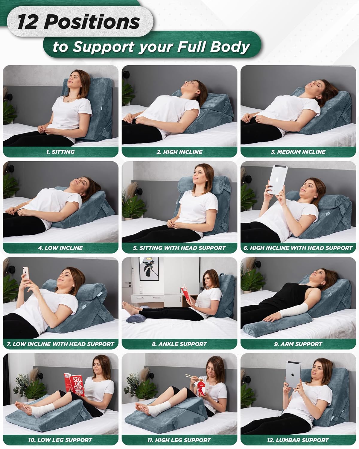 Lunix LX6 FSA 3-Piece Compact Support for Reading, Rest & Leg Elevation, Premium Odor-Free Orthopedic Bed Wedge Pillow Set, Memory Foam, Washable Cover, Pebble White