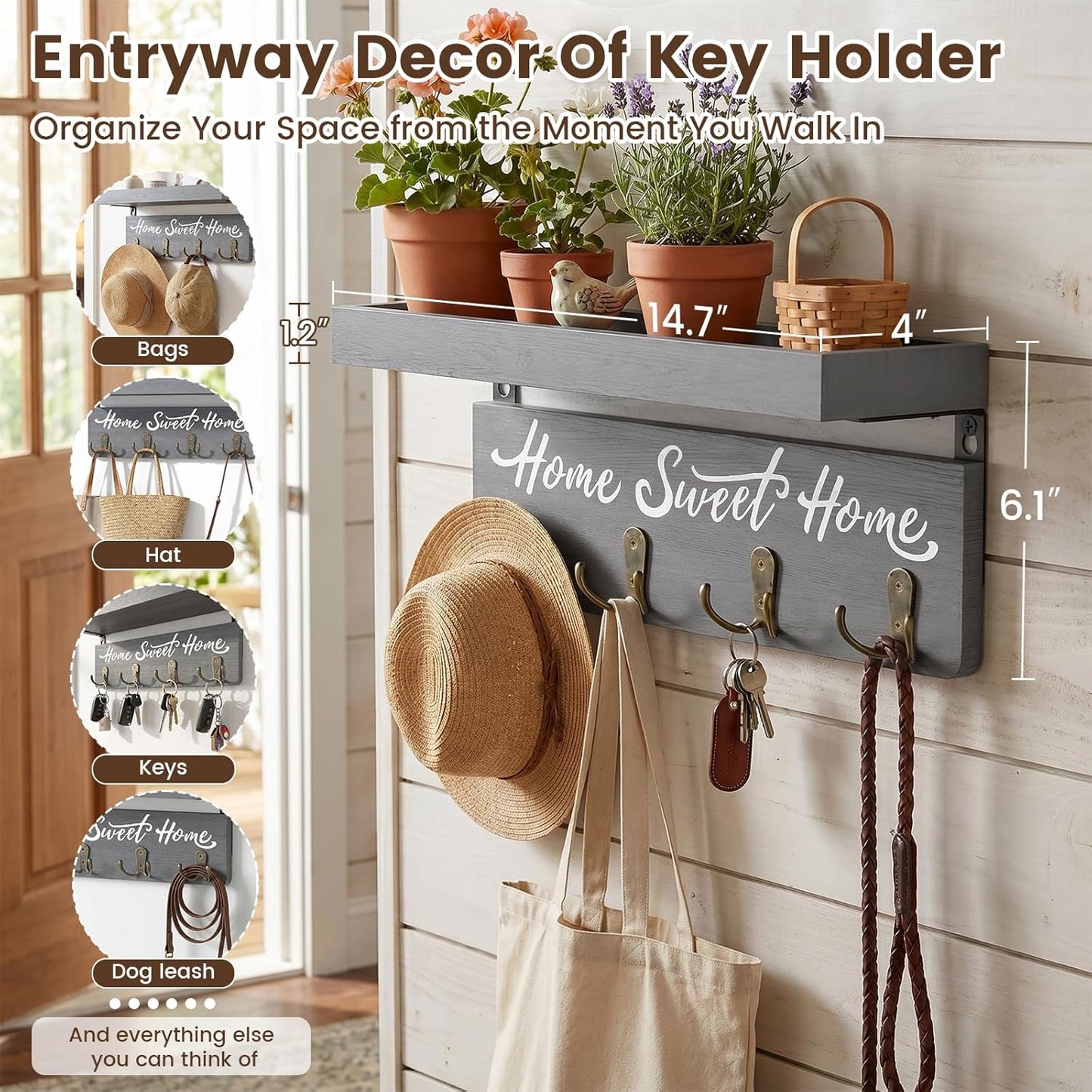 buways Key Holder Wall Mount with 8 Hooks and Cozy Home Sign (Gray) | Solid Wood, Floating Shelf for Keys, Mail, and Daily Essentials in Entryways, Hallways or Home Decor