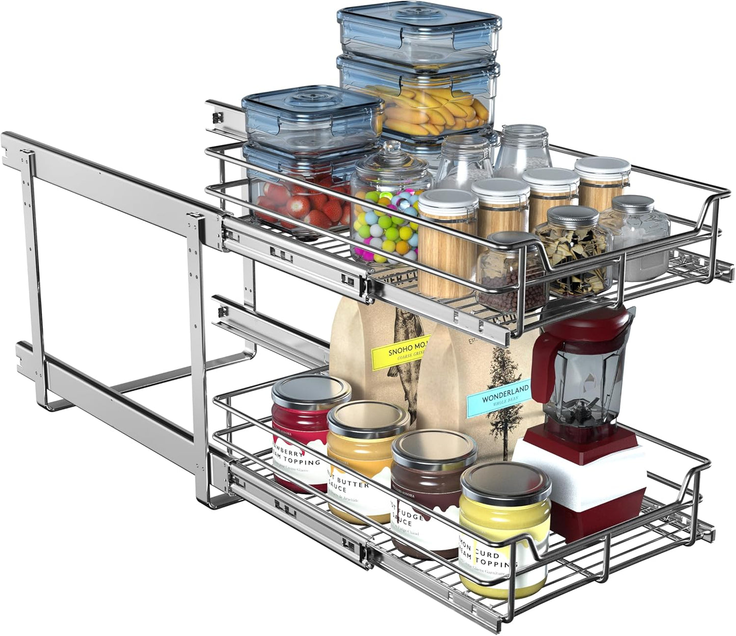 2-Tier Cabinet Pull Out Shelves, 14" W x 22" D, Chrome | Heavy-Gauge Wire Kitchen Cabinet Organizer, 100 lbs Capacity, Ball-Bearing Glides, Min 15" Opening, For Tupperware & Bowls