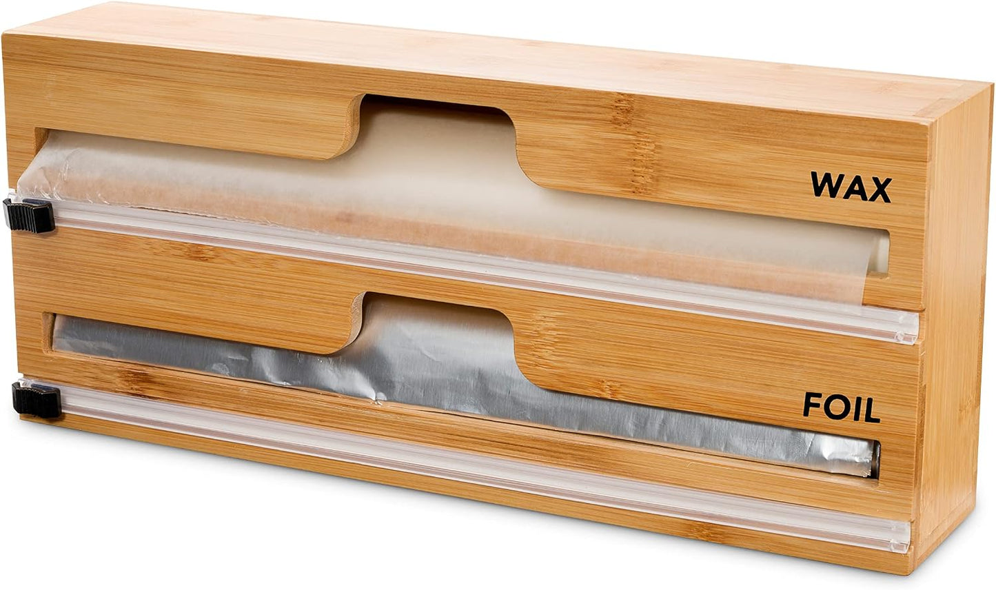 2 in 1 Wrap Dispenser with Cutter and Labels, Plastic Wrap, Aluminum Foil and Wax Paper Dispenser for Kitchen Drawer, Bamboo Roll Organizer Holder, Compatible with 12" Roll