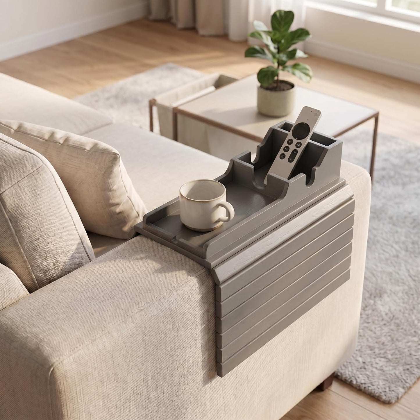 Acacia Couch Armrest Table, Over the Couch Arm Tray with Removable Couch Cup Holder, 2 in 1 Design Foldable Armchair Couch Caddy and Sofa Drink Cup Holder for Home Essentials Decor Hack