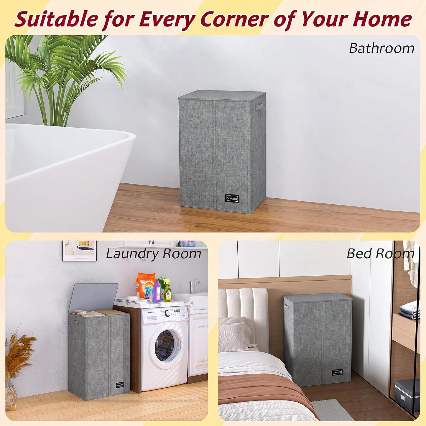 195L Laundry Hamper 3 Section,Large Laundry Hamper with Lid,Dirty Clothes Hamper with 3 Inner Bags,Collapsible Laundry Basket Organizer for Laundry Room,Bedroom,Laundry Sorter Hamper 3 Compartment