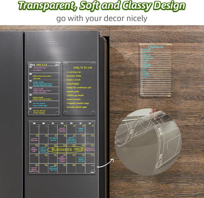 JJPRO Non-Magnetic Dry Erase Calendar for Fridge, Monthly Calendar, Weekly Planning Board Bundle for All Smooth Surfaces. Clear Reusable Calendar Stick to Fridge,Cabinet,Door&Glass